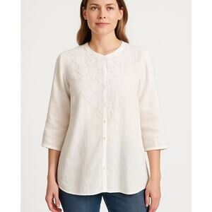 Soft Surroundings White Linen crochet Front Blouse Button Down pleated sleeves M